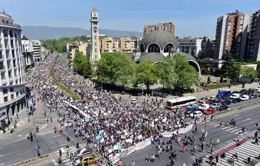 Skopje, North Macedonia, is shown during a protest on April 23, 2015. University and high school students rallied against the government's educational reforms. The city is hosting the OSCE foreign ministers' annual meeting this week. [Robert Atanasovski/AFP]