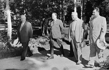 Soviet Premier Nikita Khrushchev (L) October 4, 1956, takes a walk in the countryside with Marshal Tito (2nd L), dictator of Yugoslavia, and two Soviet officials during Tito's trip to the USSR. The Abkhaz vacation complex that Sukhumi effectively handed over to the Kremlin formerly hosted Soviet leaders like Khrushchev. [Files TASS/Intercontinentale/AFP]