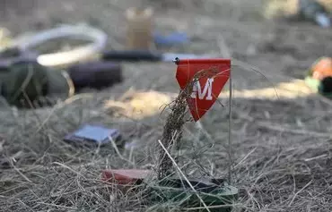 A photo shows a mine sign pointing to a dummy antipersonnel mine during a field exercise for members of the Ukrainian 42nd Mechanized Brigade in Donetsk province last December 6, amid the Russian invasion of Ukraine. [Genya Savilov/AFP]