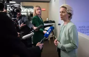 European Commission President Ursula von der Leyen answers journalists at the World Economic Forum (WEF) annual meeting in Davos, Switzerland, on January 16. [Fabrice Coffrini/AFP]