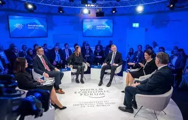 (From left) Belarusian opposition leader Svyatlana Tsikhanouskaya, Ukrainian Foreign Minister Dmytro Kuleba, Financial Times editor Roula Khalaf, Polish President Andrzej Duda, Hungarian President Katalin Novak and Croatian Prime Minister Andrej Plenkovic attend a session at the World Economic Forum in Davos on January 17. [Fabrice Coffrini/AFP]