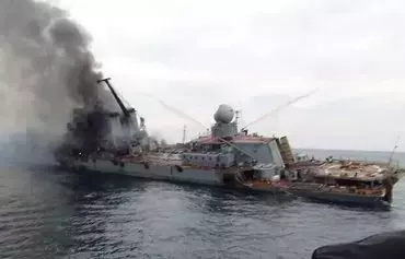 A screenshot from a video posted on social media shows the damaged Moskva about to sink in the Black Sea in April 2022. [File]