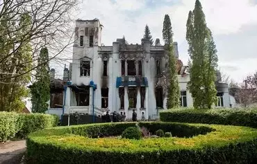 An architectural monument in Trostyanets, Sumy province, Ukraine, is shown April 14, 2022, after damage from Russian shelling. [Ukrainian Culture Minister Oleksandr Tkachenko/Instagram]