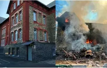 A secondary school in Lisichansk, Luhansk province, Ukraine, is shown in before-and-after photos posted on May 3, 2022. Belgians built the school in the late 1800s. The Russian army shelled it on May 1. [Ukrainian Culture Minister Oleksandr Tkachenko/Instagram]