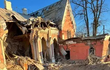 The House of the Vasil Tarnovski Museum of Ukrainian Antiquities in Chernihiv is shown in a photo posted March 11, 2022, after Russian shelling. The building was constructed in the late 1800s. [Serhiy Laevsky, director of the V. V. Tarnovski Chernihiv Historical Museum/Facebook]