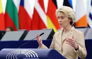 European Commission President Ursula von der Leyen speaks during a debate on European security and defense, as part of a plenary session at the European Parliament in Strasbourg, France, on February 28. [Frederick Florin/AFP]