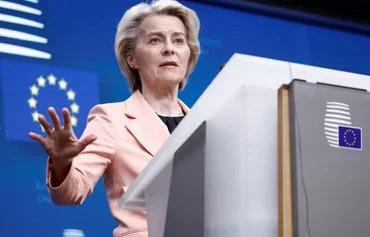 European Commission President Ursula von der Leyen gives a news conference at the end of the first day of a EU summit in Brussels, on March 21. [Kenzo Tribouillard/AFP]