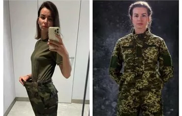 Iryna Nikorak demonstrates how poorly men's uniform pants fit a woman's figure. Photo on right shows an entire uniform designed for women. [Nikorak personal archive]