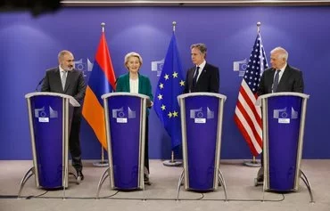 From left: Armenian Prime Minister Nikol Pashinyan, EU Commission President Ursula von der Leyen, US Secretary of State Antony Blinken and European Union foreign policy chief Josep Borrell hold a joint news conference in Brussels on April 5. [Johanna Geron/AFP]