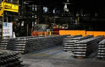 155mm caliber shells are pictured after the manufacturing process at the Scranton Army Ammunition Plant (SCAAP) in Scranton, Pennsylvania, on April 16. [Charly Triballeau/AFP]