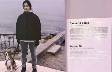 The photo exhibition 'I'm Staying' by Ukrainian photographer Polina Polikarpova, seen April 20 at the Proud to be Ukrainian festival in Zaporizhzhia, features Ukrainian college students who have chosen to stay in Ukraine. [Olha Chepil/Kontur]