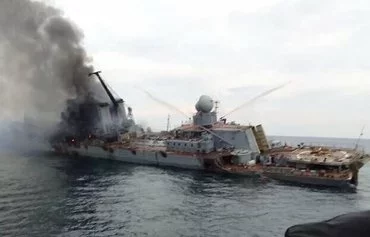 A screenshot from a video posted on social media shows the damaged Russian warship Moskva about to sink in the Black Sea in April 2022. [File]