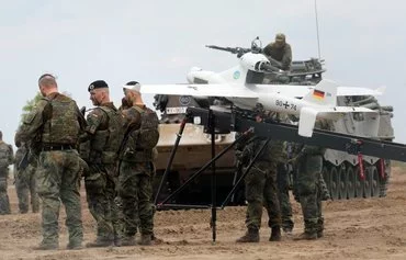 A drone used by the NATO enhanced Forward Presence battlegroup can be seen in Pabrade, Lithuania, on June 7, 2022. [Petras Malukas/AFP]