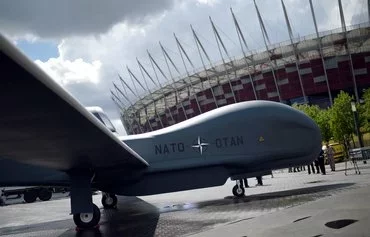 A NATO drone July 9, 2016, is set up in front of a Warsaw stadium that hosted a NATO summit. [Stephane de Sakutin/AFP]