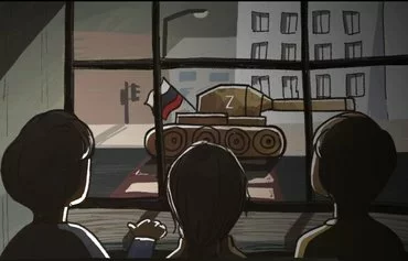 A screenshot from an Almenda cartoon shows how Russians brainwash children in schools on Russian-occupied Ukrainian territory.