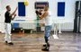 
Double amputee Vitaliy Saiko, a veteran of the war in Ukraine, trains with orthopedic technician Michael Köhler in Berlin July 25. [Ralf Hirschberger/AFP]        