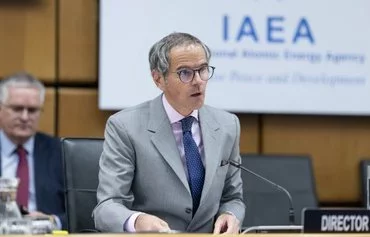 Rafael Grossi, director general of the IAEA, attends the IAEA's Board of Governors emergency meeting April 11 in Vienna, Austria, to discuss attacks on the ZNPP. [Joe Klamar/AFP]