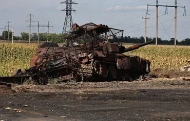 A destroyed Russian tank outside Ukrainian-controlled Russian town of Sudzha, Kursk province. [Yan Dobronosov/AFP]