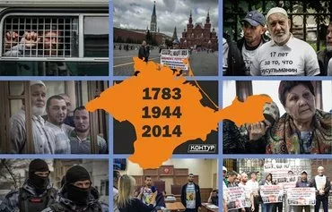 Undated photos show Crimean Tatars either protesting or being persecuted by Russian authorities. The years 1783, 1944 and 2014 refer to the Tsarist annexation of Crimea, the Soviet expulsion of Crimean Tatars from their homeland and the Russian annexation of Crimea. [Murad Rakhimov/Kontur]